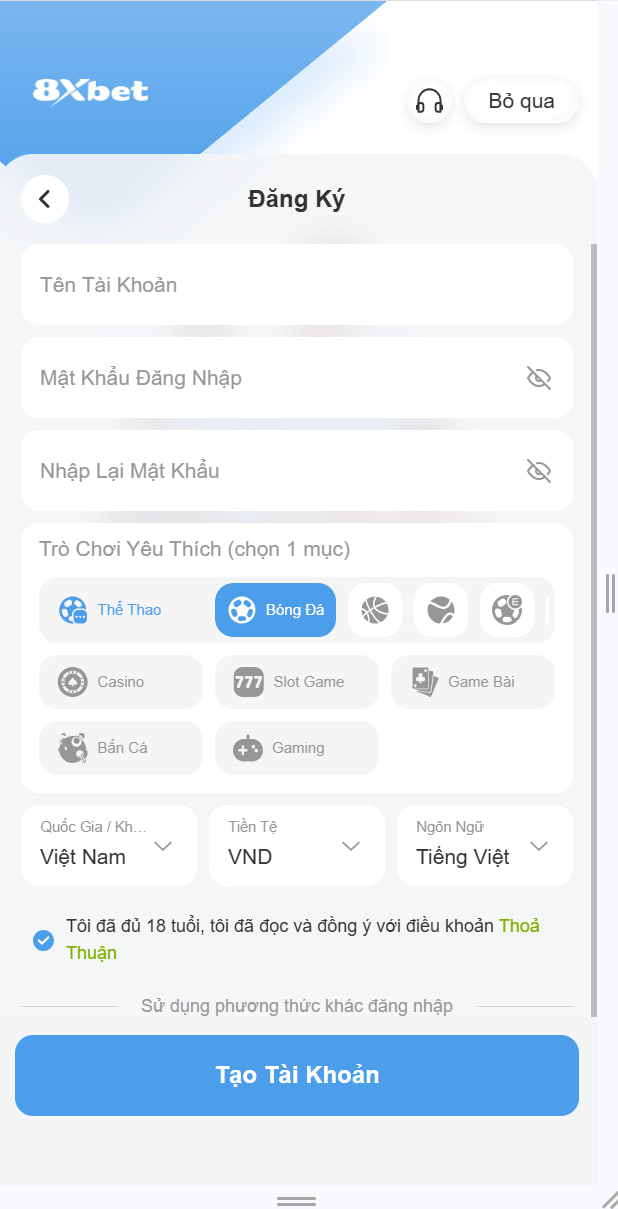 8XBET Form nhập thông tin đăng ký tài khoản 8Xbet